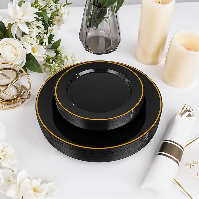 SUT 350 Pcs Black and Gold Plastic Dinnerware Set for 50 Guests, Include: 50 Dinner Plates, 50 Dessert Plates, 50 Pre Rolled Napkins With Silverware, 50 Cups, Disposable Plates for Halloween, Party