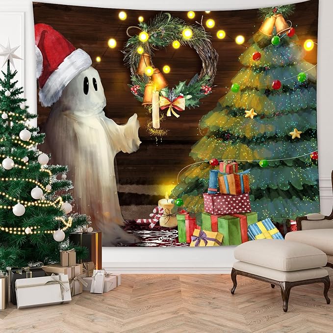 QGHOT Christmas Tapestry Wall Hanging Christmas Tree Backdrop Cute Ghost Wall Decor Xmas Holiday Tapestries for Kids Bedroom Living Room Dorm Party Decoration, Extra Large