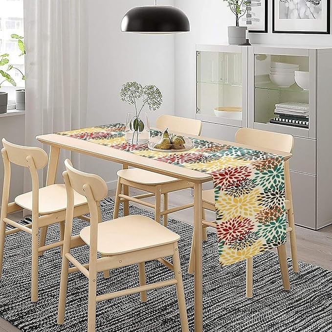 Green Red Dahlia Flower Table Runner Chrysanthemum Geometric Kitchen Dining Bedroom Living Room Table Decor for Indoor Outdoor Home Party, 13x36 Inch