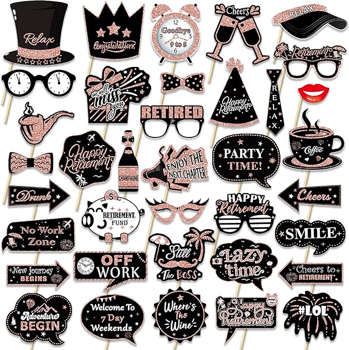 Photo Booth Props, 27 Pieces with Frame, Rose Gold and Black Retirement