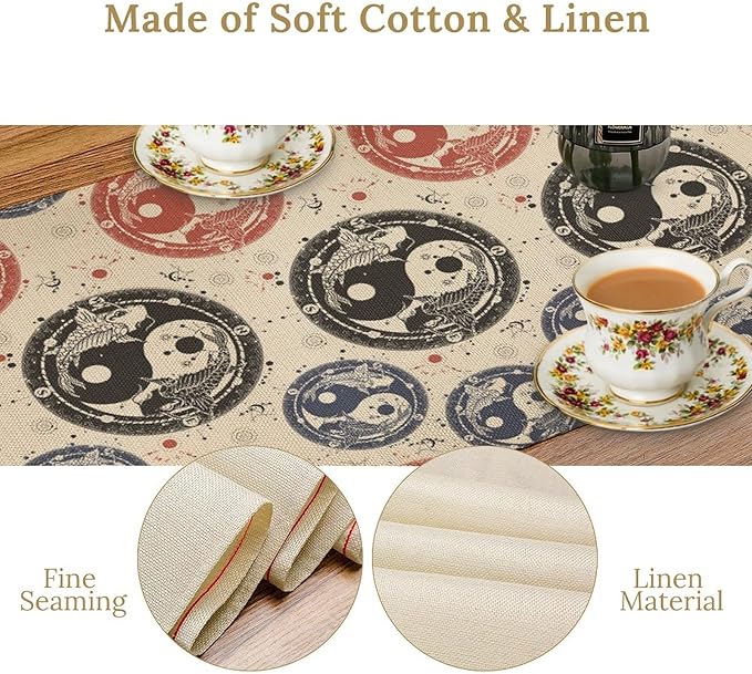 Yin Yang Table Runner, Vintage Mid Century Traditional Oriental Koi Fish Mystical Celestial Moon Stars Print Table Runner for Kitchen Dining Table Party Decor, 13x120inch