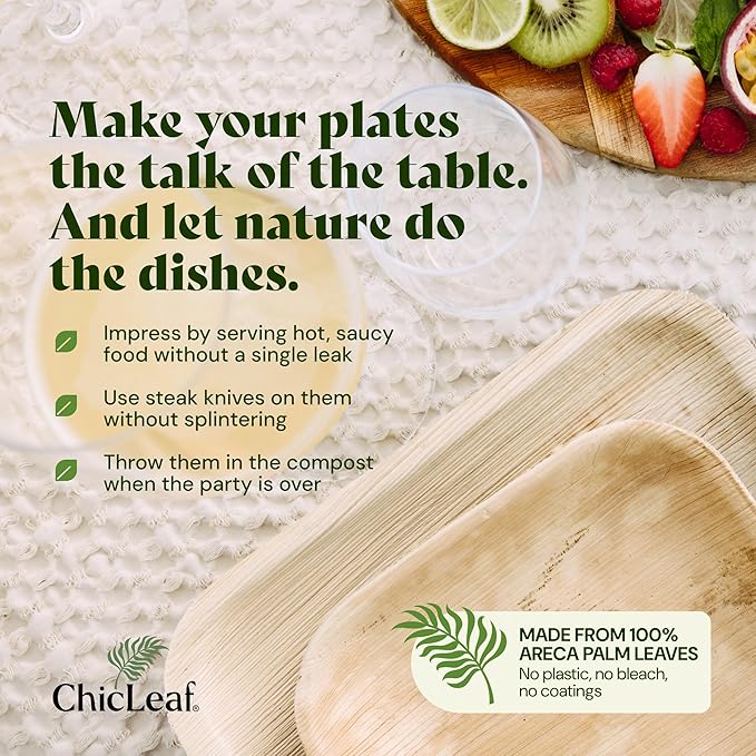Chic Leaf Compostable & Biodegradable Palm Leaf Disposable Bamboo Plates - Disposable Party Plates for Appetizers - Camping Essentials - Reusable Party Supplies (10 & 7 Inch Square)