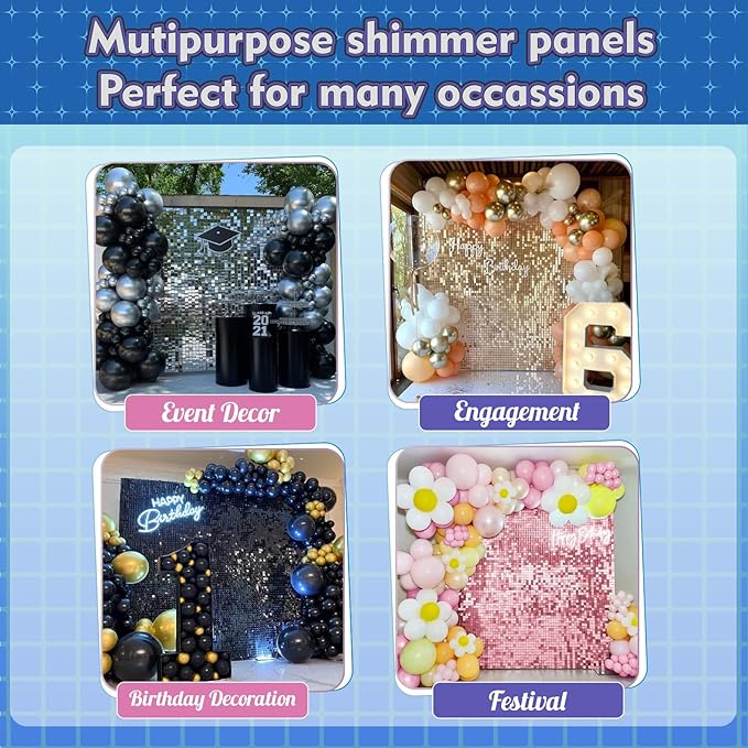 Qcity Hot Pink Shimmer Wall Backdrop 24PCS, Black Back Not See-Through Design, Square Sequin Glitter Backdrop Panel, Perfect for Outdoor Events, Birthdays, Wedding and Party Decoration