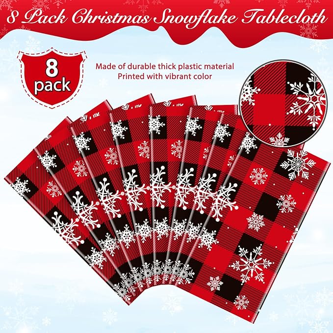 8 Pieces Red and Black Buffalo Plaid Merry Christmas Party Tablecloth Decorations,Plastic White Snowflake Buffalo Plaid Sign Table Cover for Winter Christmas Holiday Party Supplies,54x108 inch