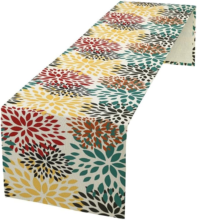 Green Red Dahlia Flower Table Runner Chrysanthemum Geometric Kitchen Dining Bedroom Living Room Table Decor for Indoor Outdoor Home Party, 13x108 Inch