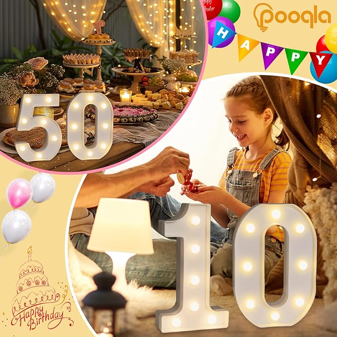 Pooqla Decorative LED Light Up Number Letters, White Plastic Marquee Lights Sign for 12th Birthday Party Wedding Decor, Battery Operated (12)