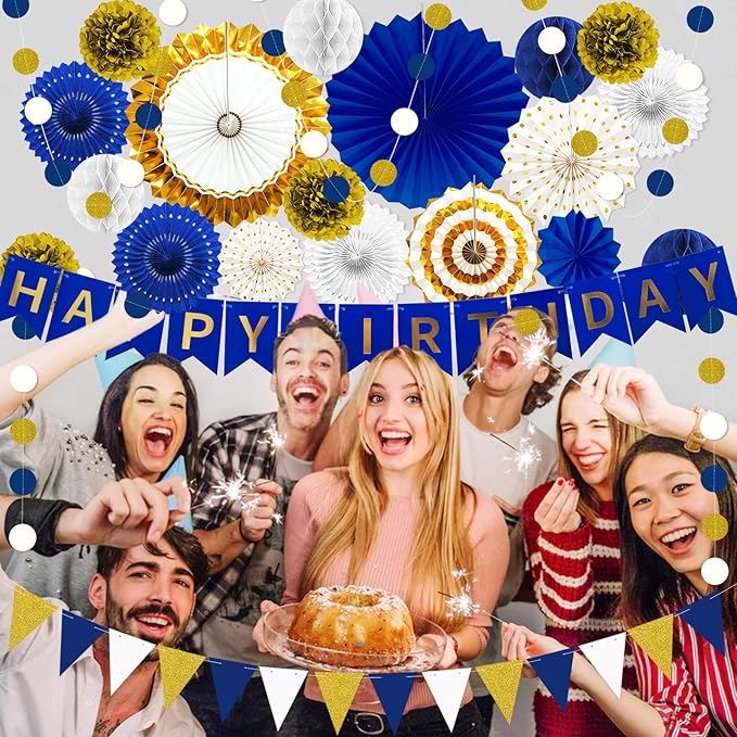 Navy Blue and Gold Happy Birthday Party Decoration 24Pcs Hanging Paper Fans, Pom Poms Flowers Garland String Polka Dot Triangle Bunting Flag Pack Happy Birthday Banner for Boy Birthday Baby Shower