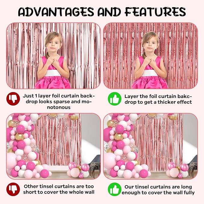 2 Pack Rose Gold Foil Fringe Backdrop Curtains, Tinsel Streamers Birthday Party Decorations, Fringe Backdrop for Graduation, Baby Shower, Gender Reveal, Disco Party