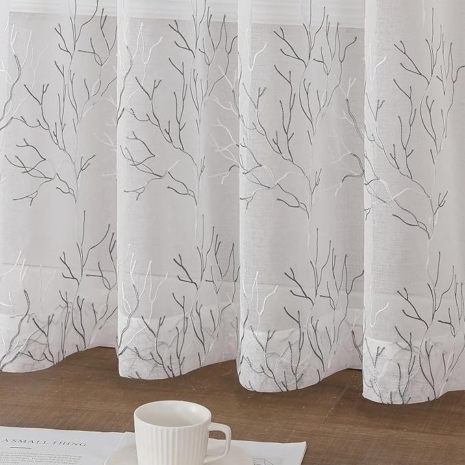 VISIONTEX Sheer Curtains 63 inch Length 2 Panels Set, Decorative Grey Coral Embroidery, Rod Pocket Embroidered Window Drapes for Living Room and Bedroom, 54" x 63"
