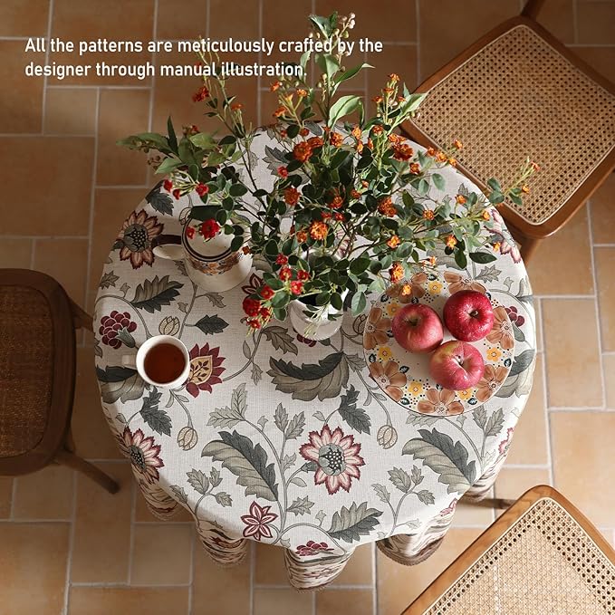 ISAENNE Designer Provence Floral Round Tablecloth,Linen Colorful Washable Indoor Table Cloth,Durable Home Decor Tablecloths for Dining Thanksgiving Kitchen Christmas,Diameter 67"-Ratina