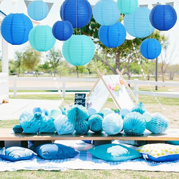 Paper Lanterns, 16 Pack, Round Sea Mix in 6, 8 and 10 Inch