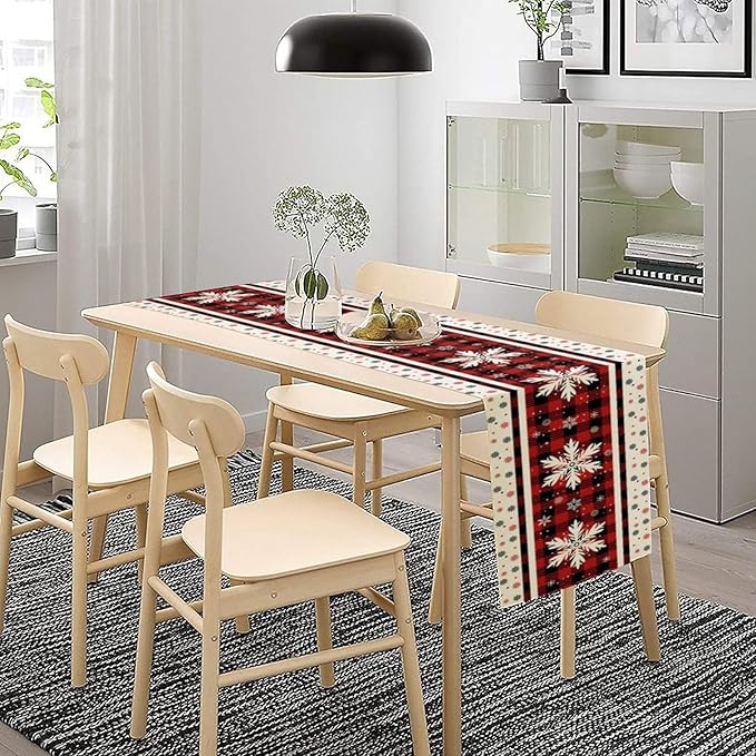 Snowflakes Christmas Table Runner,Red Buffalo Plaid Seasonal Winter Kitchen Dining Table Decoration for Home Party Decor 13x36 Inch