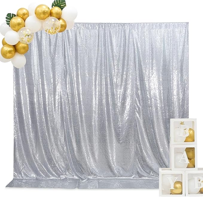 SquarePie Sequin Backdrop Curtain Background Opaque Non-Transparent Satin Sparkly for Wedding Party 10FT x 10FT Silver