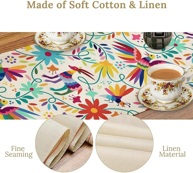 Mexican Table Runner,Boho Colorful Nature Inspired Flowers and Birds Table Cloth Kitchen Dining Table Home Party Decoration 13x90 Inch