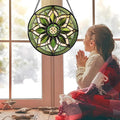 Stained Glass Window Hanging, White Green Boho Flower Suncatcher