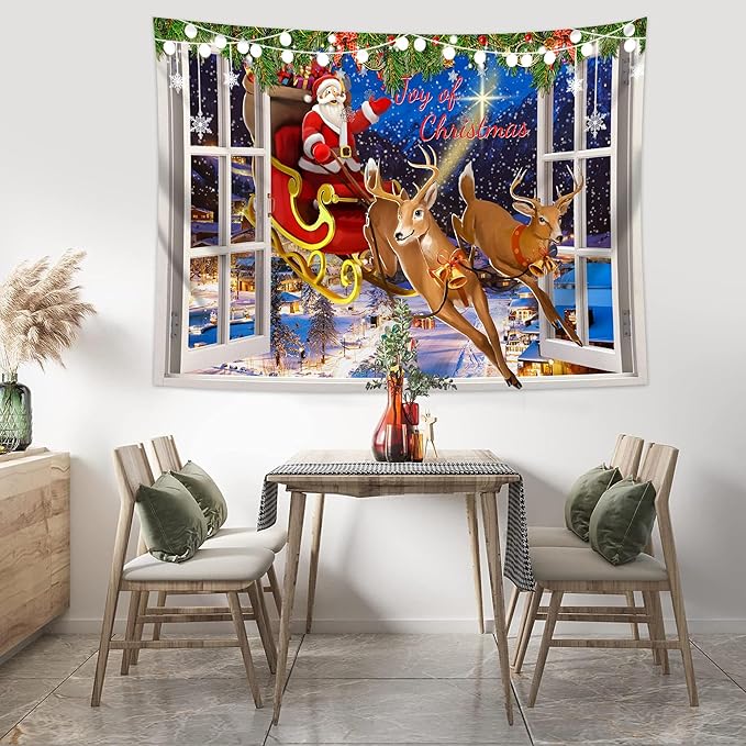 QGHOT Christmas Window Tapestry Wall Hanging Christmas Backdrop Xmas Winter Window Wall Decor Santa Claus Tapestries for Bedroom Living Room Dorm Holiday Party Decoration, Extra Large