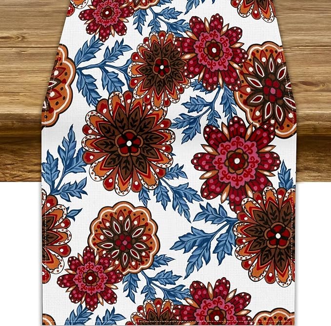 Mandala Flower Table Runner, Vintage Oriental Exotic Native Red Floral Blue Branch Leaves Botanical Print Table Runner for Farmhouse Kitchen Dining Table Decor, 13x70inch