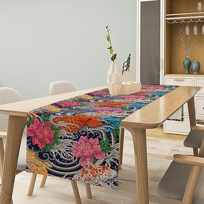 Japanese Retro Flowers Table Runner Oriental Tradition Kio Fish Art Printed Burlap Runner Home Kitchen Dining Table Living Room Decor Fabric 1 Panel W13xL60in
