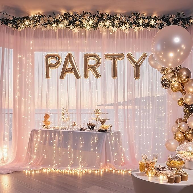 10×10ft Tulle Backdrop Curtains with Lights String - 300LED Fairy Lights Sheer Curtain Backdrop for Weddings Baby Shower and Birthday Party Decorations(4 Panels 5×10ft)
