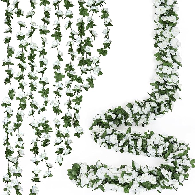 KHOYIME 18 Pack 144 FT Artificial Flower Garland, Fake White Roses Vines Silk Flowers Faux Plastic Outdoor Hanging Floral Ivy Garland Decoration for Wedding Arch Bedroom Home Wall Backdrop Room Decor