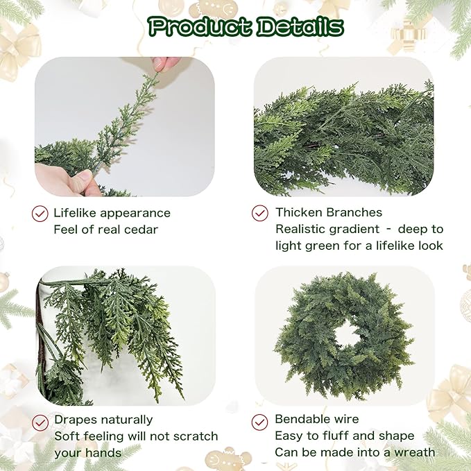Garland, 6 Ft Green Artificial Cedar with Flexible Wire for Christmas