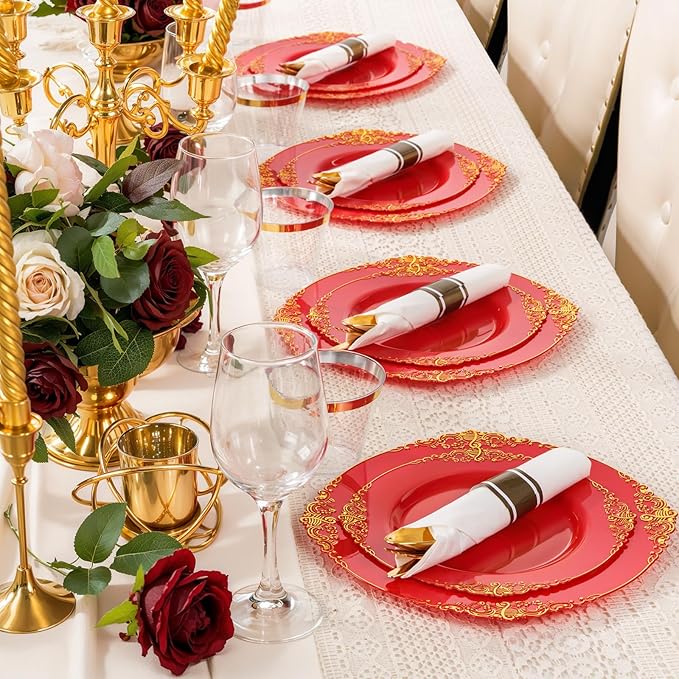 Nervure 350PCS Red Plastic Plates - Red Gold Plastic Dinnerware Sets for 50 Guests - 100 Gold Disposable Plates, 50 Pre Rolled Silverware Sets, 50 Cups Perfect for Wedding & Party & Christmas