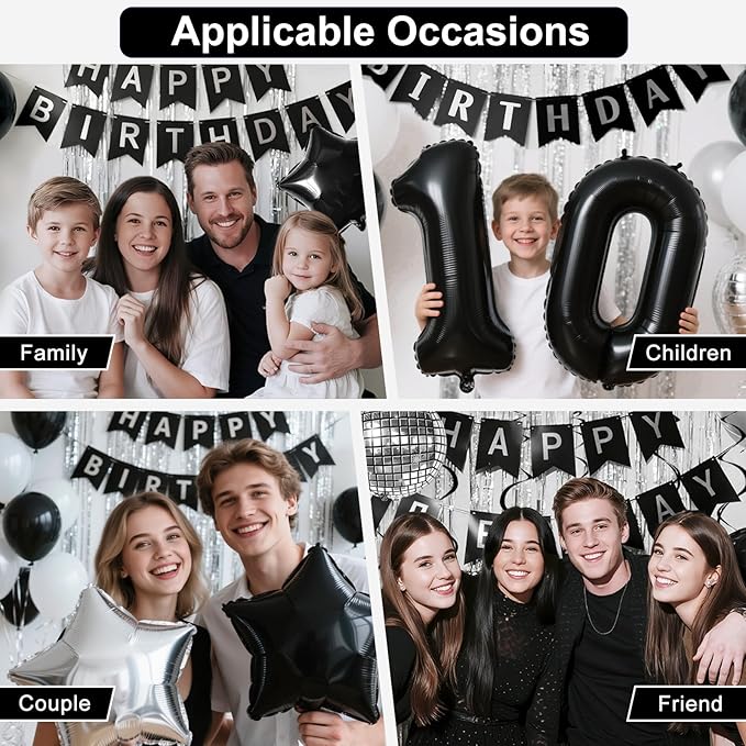 28th Birthday Decorations for Men Women, Black Silver Happy Birthday Party Decorations， 28 Year Old Party Supplies with Number 28 Balloons, Banner, Fringe Curtains Kit