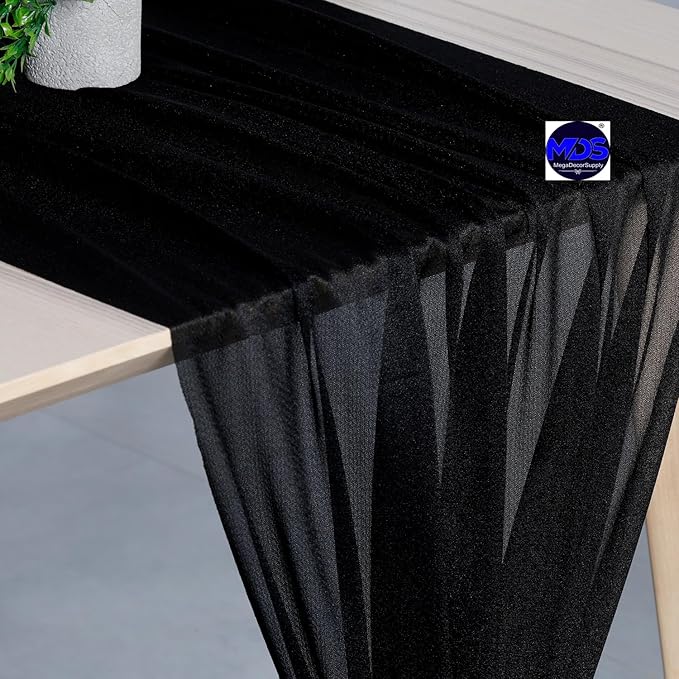 MDS Halloween Chiffon Table Runner - 15 Pack, 29 x 170 Inches, 14ft Each - Sheer Spooky Table Runners for Haunted House Parties, Trick-or-Treat Tables, Witchy Décor, Wedding & Events - Black