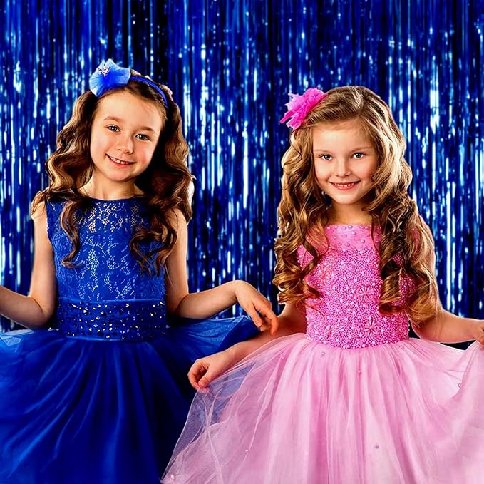 4 Pack Blue Foil Fringe Curtain Backdrop, 3.28Ftx8.2Ft Metallic Tinsel Streamers for Sea Party, Photo Booth Props, Birthday, 2022 Summer Ocean Theme Party Decoration Supplies