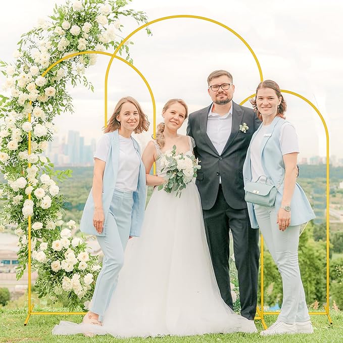 MODFUNS Arch Backdrop Stand and Cover Set Gold Wedding Arch Frame 4&5&6ft Sage Green Arches Backdrop Cover Set of 3 Metal Arched Stand with Covers for Party Baquet Reception Backdrop Decor