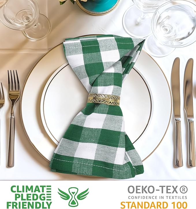 Cloth Dinner Napkins, Square 100% Cotton in Hunter and White Checkered