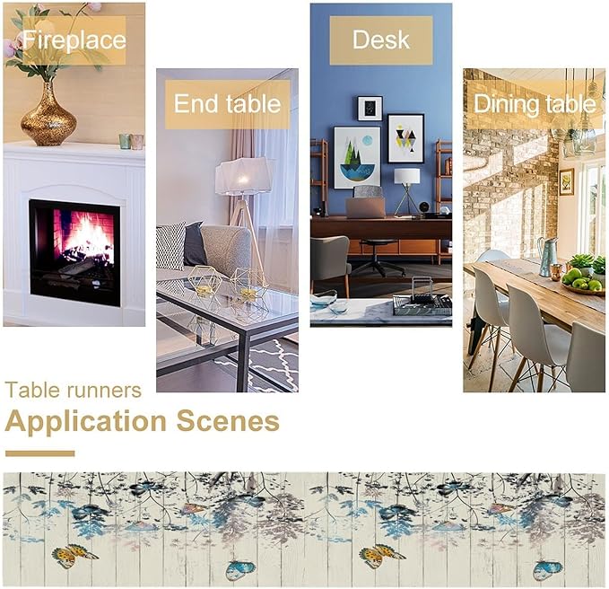 Nature Dandelion Table Runner,Rustic Floral Wood Plank Butterfly Girl Women Pattern Print Burlap Tablecloth for Hotel Indoors Outdoor Dining Room Kitchen Table Decor, 13x108in