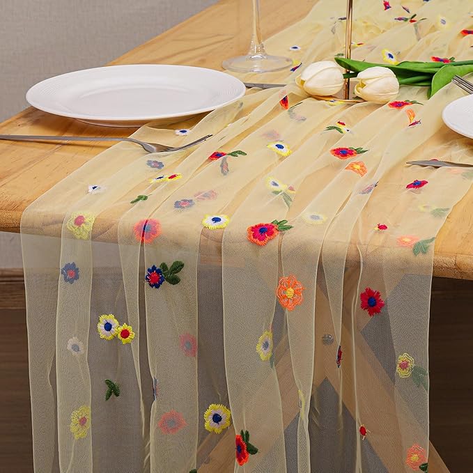 BINBE 3pcs Daisy Fall Table Runner Embroidery Gauze 10FT Florals Seasonal Tulle Holiday Birthday Kitchen Dining Table Decor for Home Party Yellow