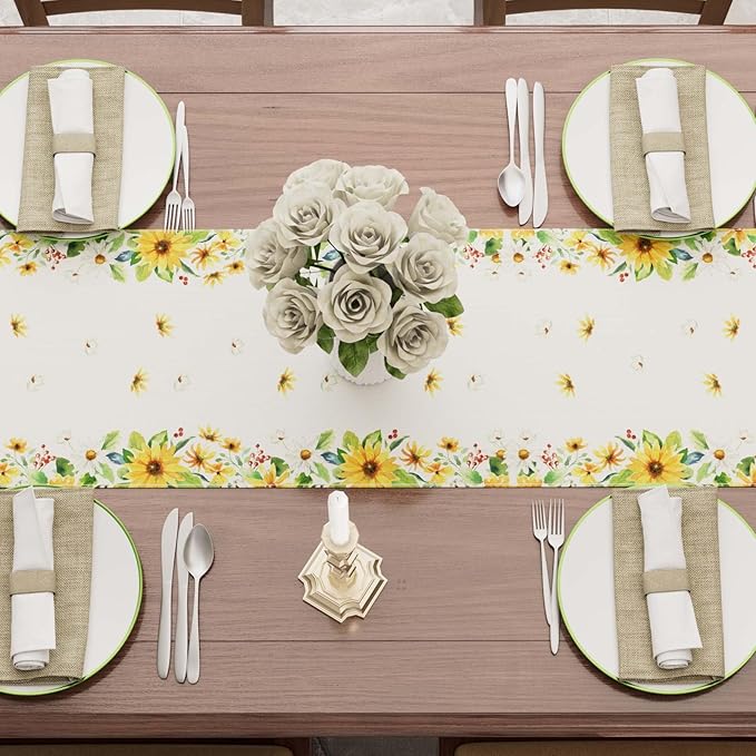 XCHI Yellow White Daisies Flowers Gnomes Spring Table Runner Burlap Table Decoration for Summer Seasonal Home Kitchen Dining Dinner Indoor Holiday Farmhouse Decor 13x60 Inch