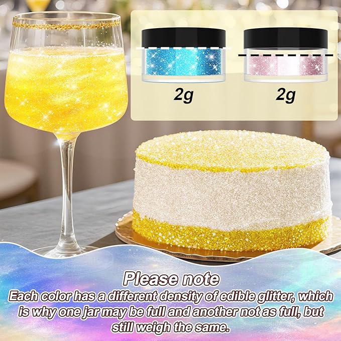Edible Glitter Powder for Drinks and Cakes, 20 Colors, 2g Bottles