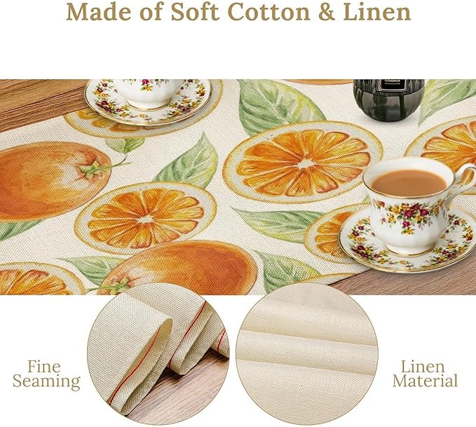 Spring Summer Orange Table Runner Watercolor Sweet Fruit Botanical Print Dinner Runner for Farmhouse Party Holiday Home Kitchen Dining Table Decor 13x108