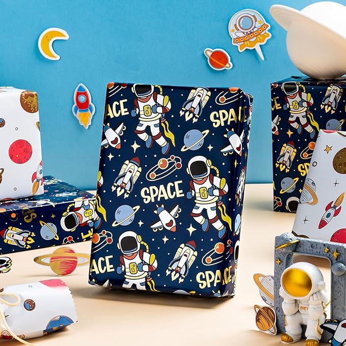 Yarcony Space Wrapping Paper Roll, Birthday Wrapping Paper for Boys, Navy Blue Astronaut Gift Wrap for Kids Birthday Outer Space Party Decor RocketShip Wrap Galaxy Planets Stars (30 Inch X 33 Feet)