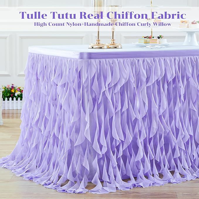 PARTISKY Lavender Purple Tulle Curly Willow Table Skirt for Rectangle Table 9ft, Ruffle Tutu Table Cloth for Girls Boys Baby Shower,Mermaid Birthday Party