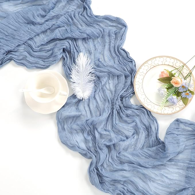 6 Pack Dusty Blue Table Runner 10ft Boho Gauze Fabric Cheesecloth Table Runner 35 x 120 Inch Rustic Sheer Runner for Wedding Decor Baby Shower Party Table Centerpiece Decorations