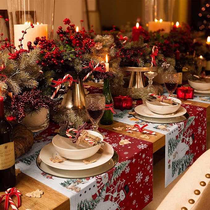Christmas Snowman Cotton Linen Table Runner for Dining Kitchen, Xmas Tree White Snowflakes Winter Wedding Outdoor Party Tablerunners Decoration, Dresser Scarf Coffee Tablecloth Runners 13x108 Inches