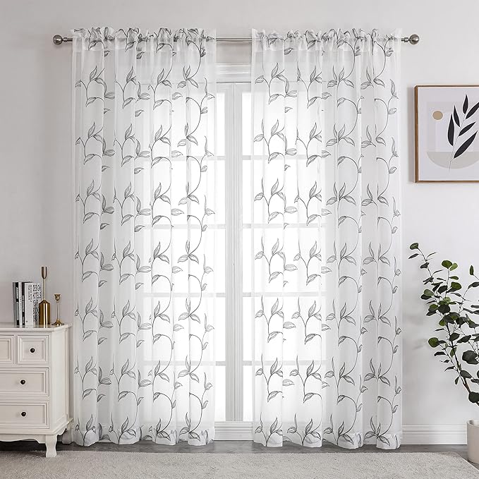 VISIONTEX Sheer Curtains 72 Inch Length 2 Panels, Decor Iron Grey Vine Leaves Embroidery on White Voile Pair, Accent Semi Window Drapes for Kitchen, Living Room and Bedroom, 54" W x 72" L