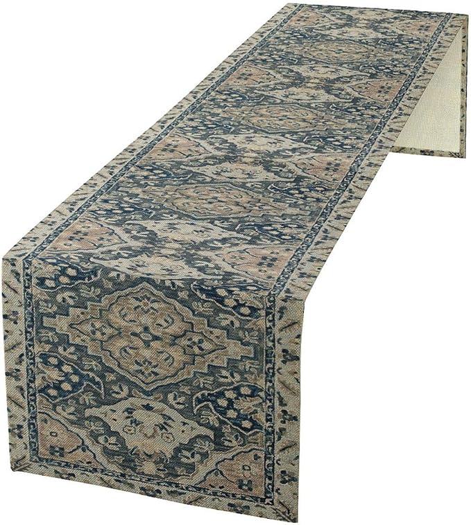 Vintage Boho Floral Table Runner, Rustic Country Farmhouse Blue Grey Retro Flower Pattern for Home Kitchen Table Decor Dining Coffee Room Party Decor 13x60in