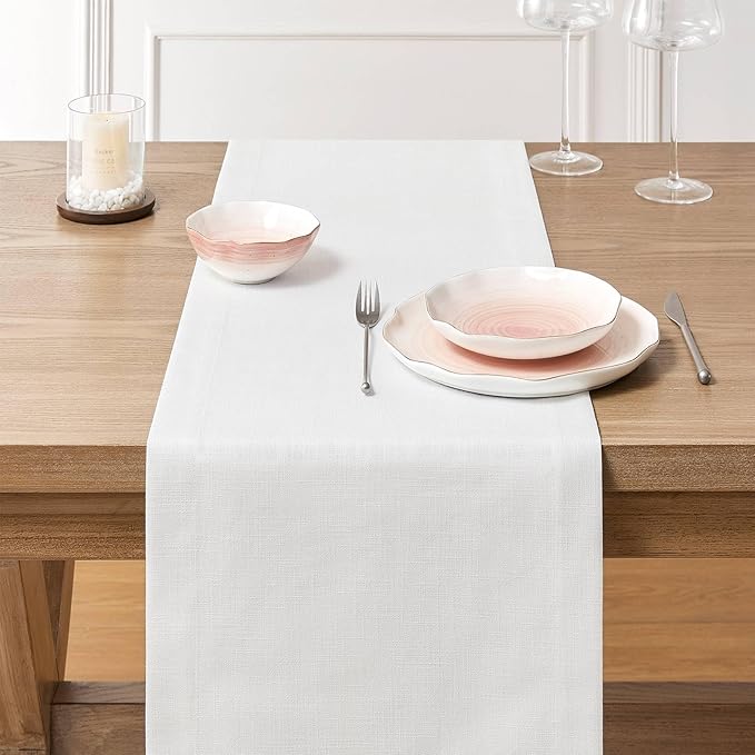 ZeeMart Linen Textured Border Table Runner, 14 x 108 Inch White, Farmhouse Style White Table Runners 108 Inches Long, Easy Care Everyday Polyester Table Runner