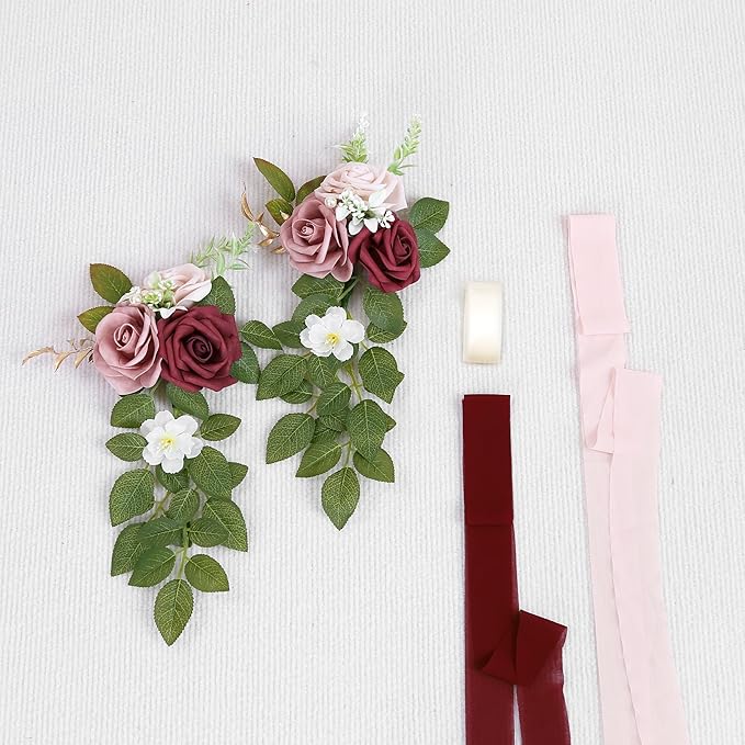 Artificial Flowers for Wedding Aisle with Burgundy Roses and Chiffon Ribbon