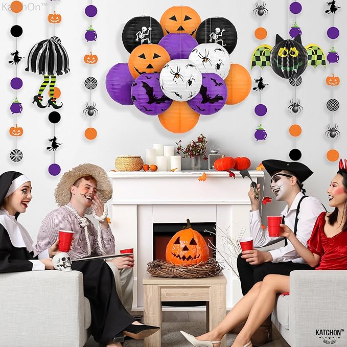 KatchOn, Halloween Hanging Paper Lanterns Set - Pack of 15 | Halloween Paper Lanterns, Halloween Honeycomb Decorations for Halloween Decorations | Halloween Garland for Halloween Party Decorations