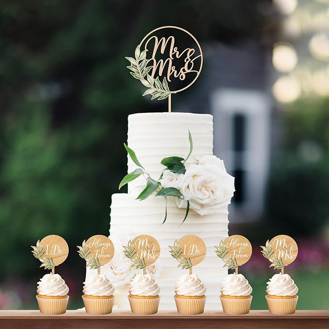Non-Edible Wood Cake Topper Set with 12 Green Leaf Cupcake Toppers