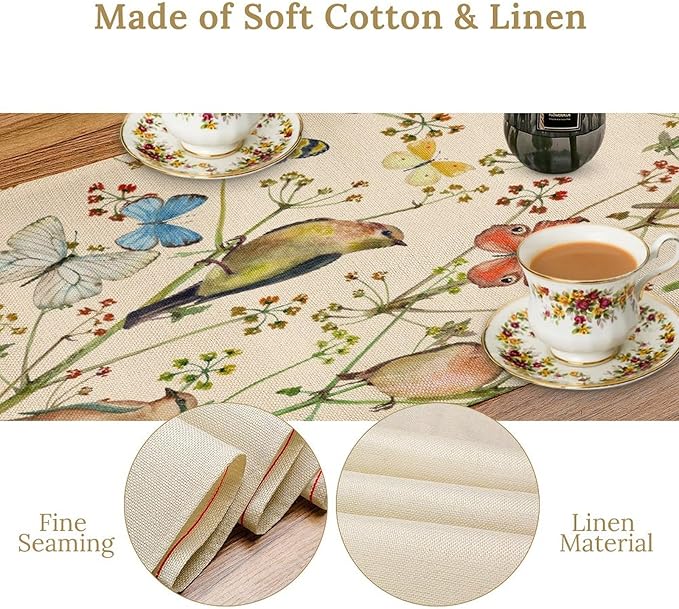 Brown Bird Floral Table Runner Spring Flower Kitchen Table Decoration Suitable for Family Dinner Decoration 13x90 Inch