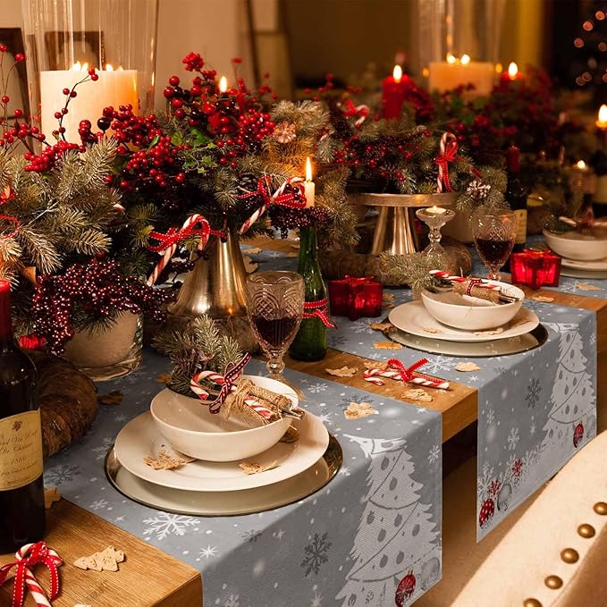 Christmas Snowflakes Cotton Linen Table Runner for Dining Kitchen, Xmas Tree Snow Winter Wedding Outdoor Party Tablerunners Decoration, Grey Balls Dresser Scarf Coffee Tablecloth Runners 13x72 Inches