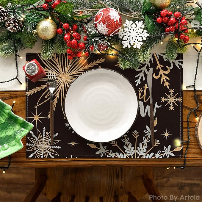 Artoid Mode Black Snowflake Let It Snow Winter Placemats Set of 6, 12x18 Inch Seasonal Christmas Table Mats for Party Kitchen Dining Decoration