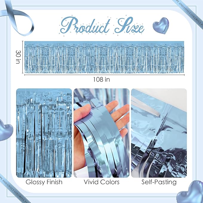 2 Pack Light Blue Table Skirts, 29x108" Metallic Foil Tinsel Fringe Table Skirts for Rectangle Tables Streamer Curtains Backdrop, Party Decorations for Birthdays Weddings Holidays